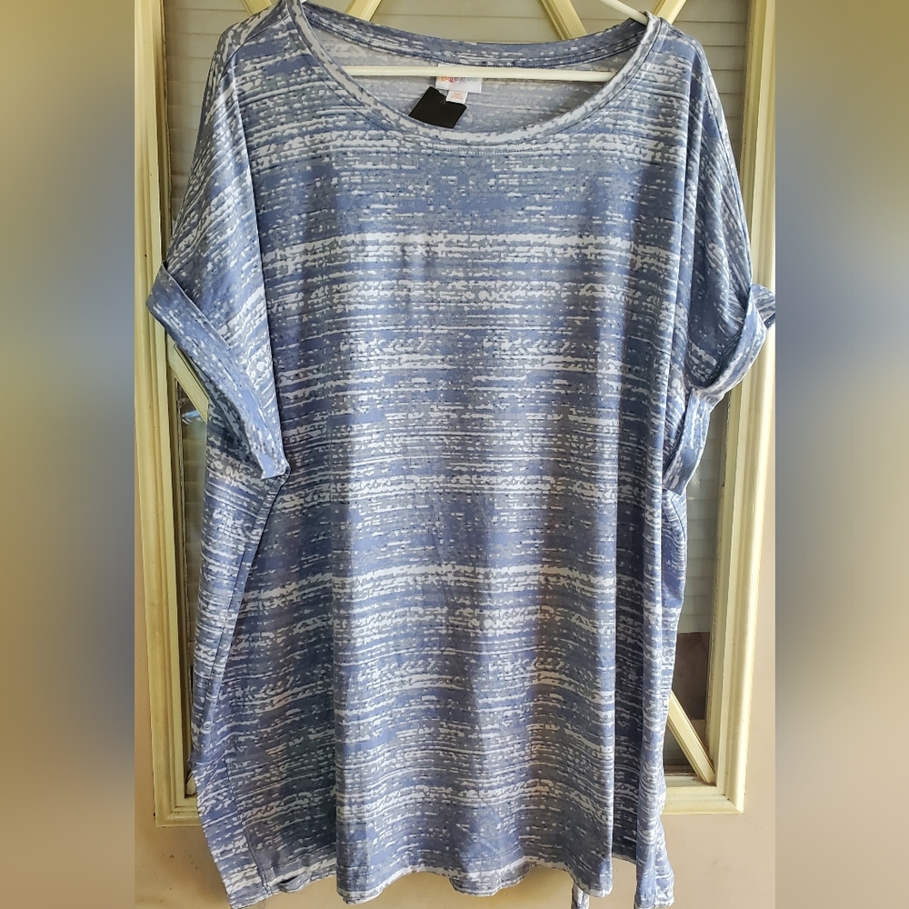 Lularoe Casual Blue and White Striped T-Shirt With Cuffed Sleeve, Lightweight
